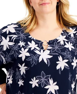 Women's Plus Printed O-Ring Ruffle-Sleeve Top