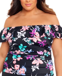 Women's Plus Printed Ruffled Off-The-Shoulder Tankini Top