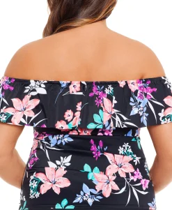 Women's Plus Printed Ruffled Off-The-Shoulder Tankini Top