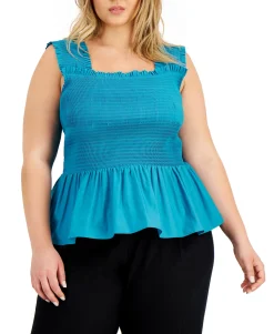 Women's Plus Smocked-Waist Peplum Top