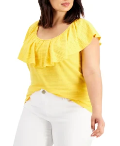 Women's Plus Textured Ruffle-Neck Top