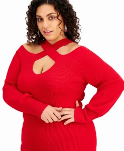 Women's Plus Trendy Crossover Shoulder Ribbed Sweater Dress