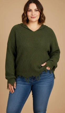 Women's Plus Trendy Hooded Distressed Sweater