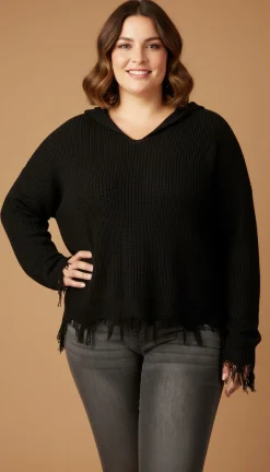 Women's Plus Trendy Hooded Distressed Sweater