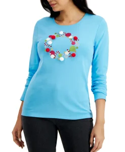 Women's Pom Pom Wreath Holiday Top