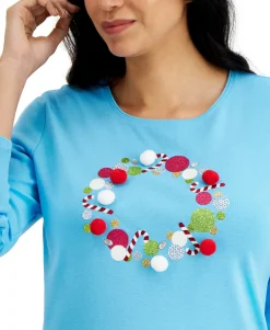 Women's Pom Pom Wreath Holiday Top