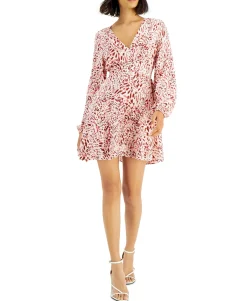 Women's Printed Balloon-Sleeve V-Neck Mini Dress