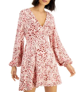 Women's Printed Balloon-Sleeve V-Neck Mini Dress
