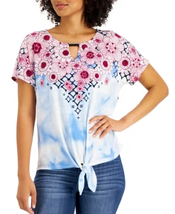 Women's Printed Keyhole-Neck Top