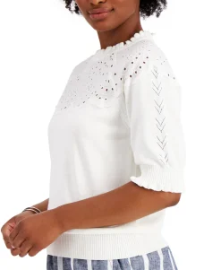 Women's Puff Sleeve Eyelet Neckline Sweater