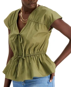 Women's Ruched Cotton V-Neck Blouse