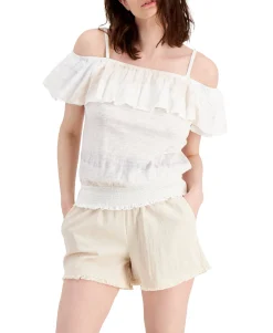 Women's Ruffled Cold-Shoulder Smocked Top