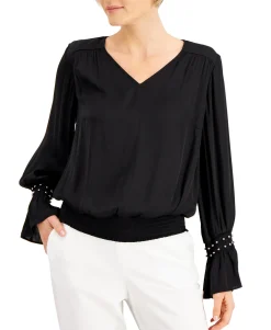 Women's Smocked-Hem Embellished-Cuff Blouse