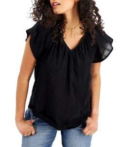 Women's Solid Flutter-Sleeve V-Neck Top