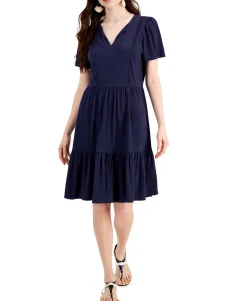 Women's Split Neck Pom-Pom-Trim Dress