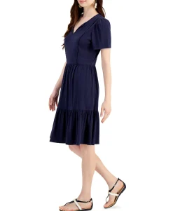 Women's Split Neck Pom-Pom-Trim Dress