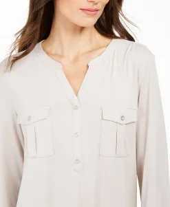 Women's Split-Neck Roll-Tab-Sleeve Top