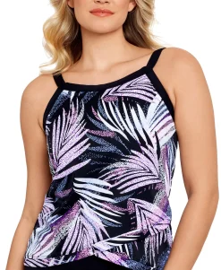 Women's Sprinkle Leaf Printed Underwire Crossover-Hem Tankini Top