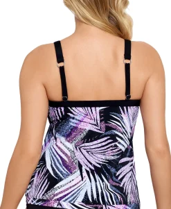Women's Sprinkle Leaf Printed Underwire Crossover-Hem Tankini Top