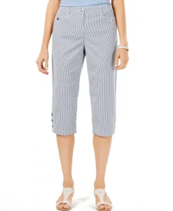 Women's Striped Corded Buttoned-Cuff Capri Pants