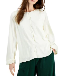 Women's Textured Balloon-Sleeve Button-Front Top