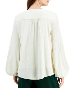 Women's Textured Balloon-Sleeve Button-Front Top