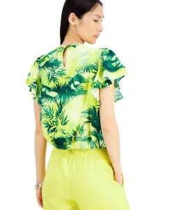 Women's Tropical-Print Ruffle Top