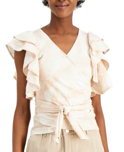 Women's Wrap-Style Flutter-Sleeve Cotton Top